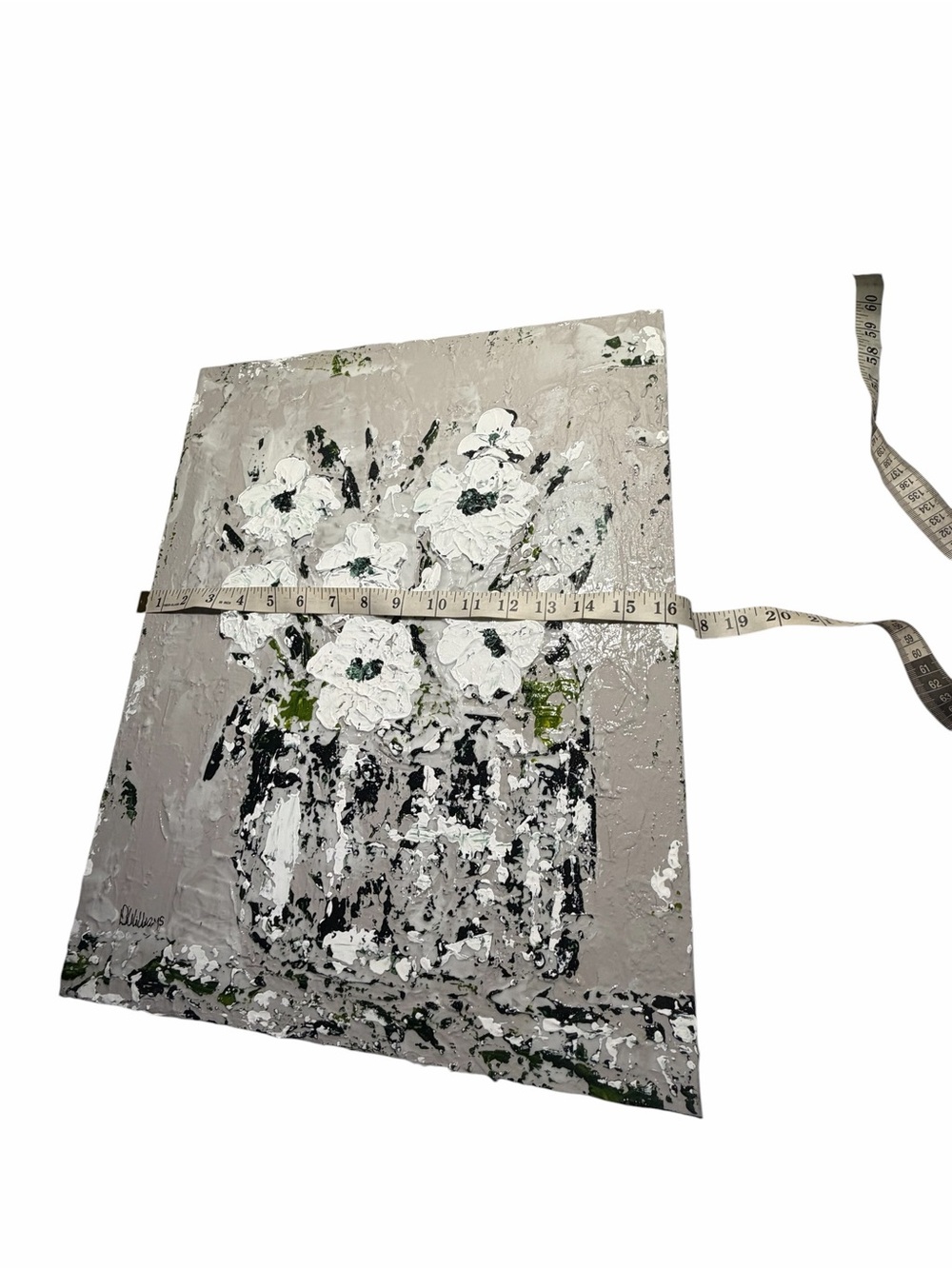 Original Artwork Blooms Textured White with Dark Green on Gray 16 x 20" - Picture 15 of 16